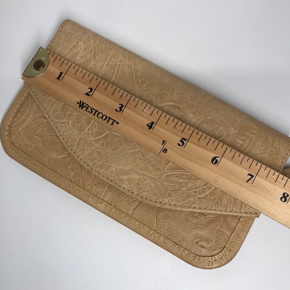American Leather Co Tan Tooled Envelope Wallet Small Clutch Wristlet Leather - Picture 2 of 11
